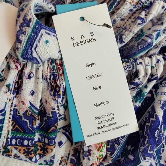 KAS Designs Off- the -Shoulder Top Blue White Multi Blouse Ruffle BuffoonSleeves - Picture 6 of 10